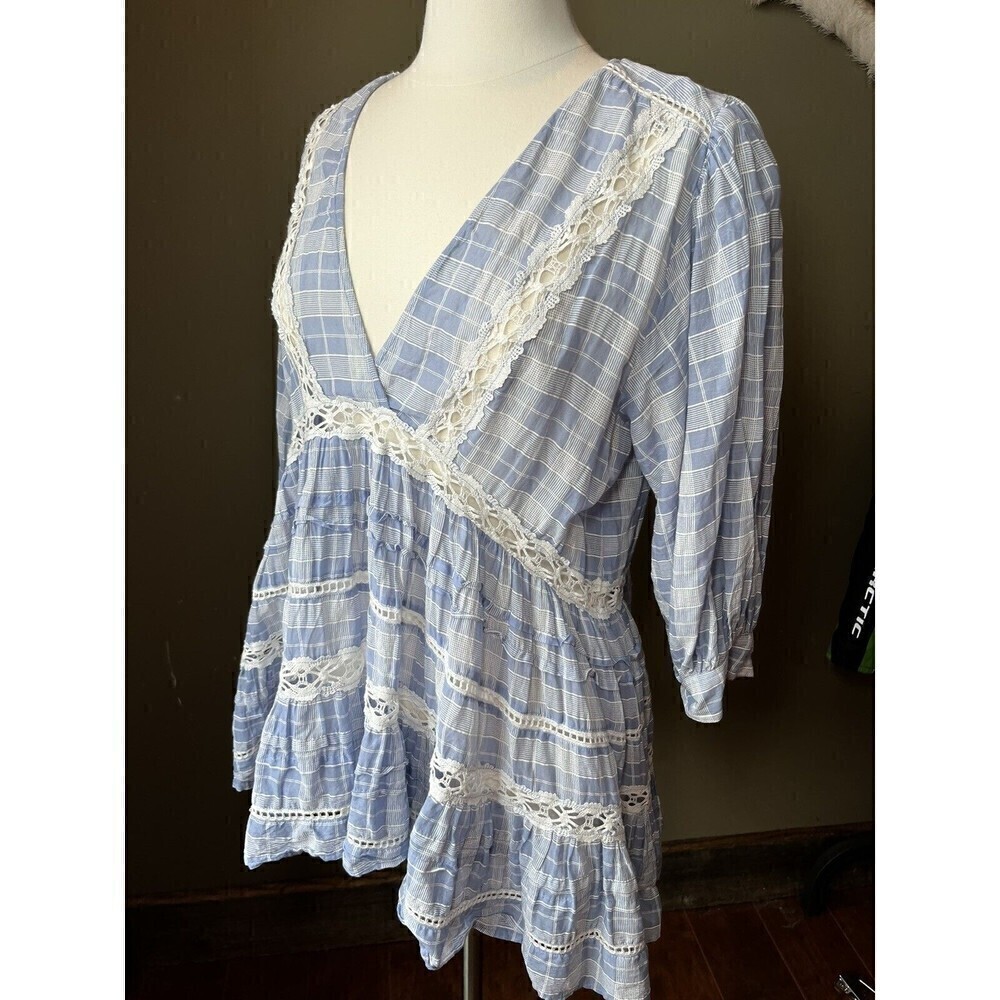Free People Women's Blue Chambray Time Out Eyelet 3/4 Sleeves Tunic Size Small